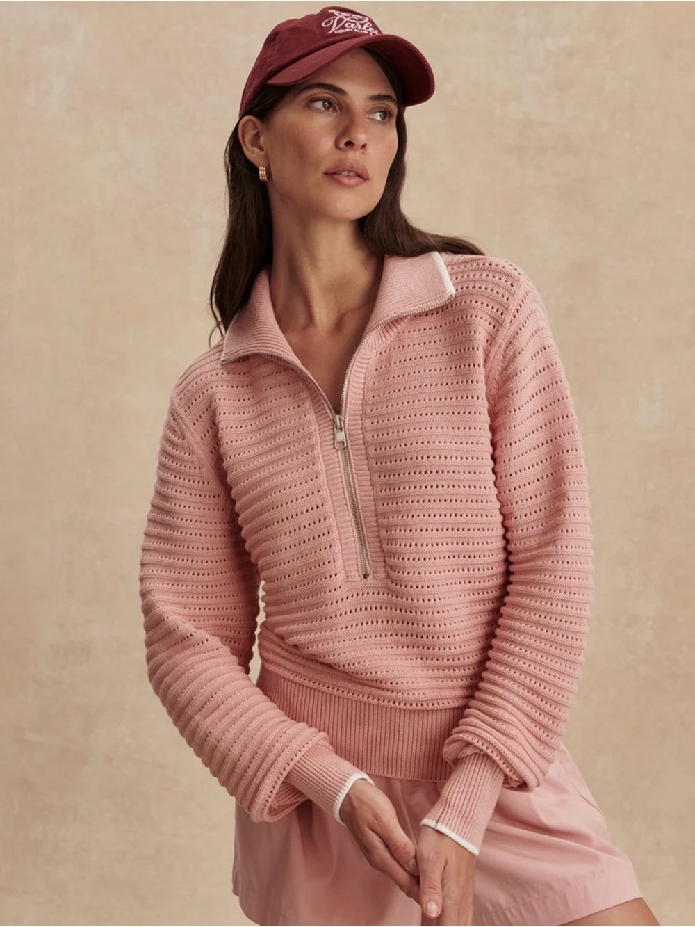 VARLEY • NWT Morwenna Half-Zip Knit sweater Mellow Rose pink white Medium